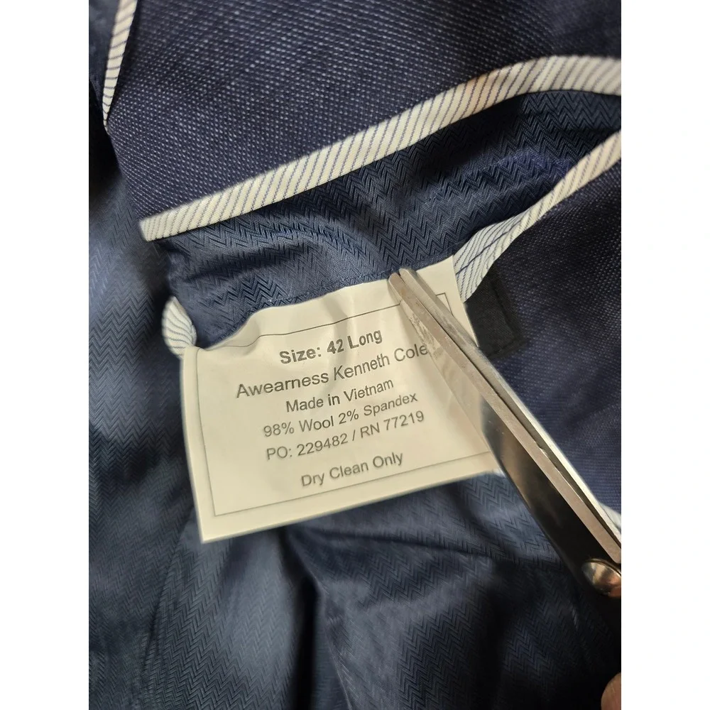 Kenneth Cole Suit Mens 42L 2 Piece Pants 36x32 Blue Wool Blend Slim Fit